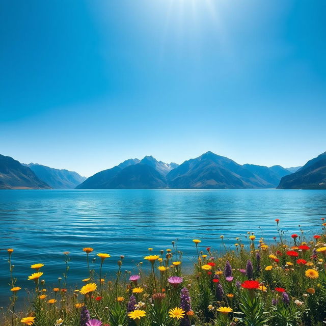 A serene landscape depicting a tranquil lake surrounded by majestic mountains under a clear blue sky