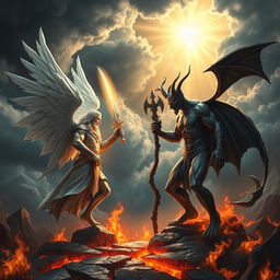 A dramatic showdown between a powerful god and a menacing devil in an epic fantasy landscape