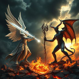A dramatic showdown between a powerful god and a menacing devil in an epic fantasy landscape