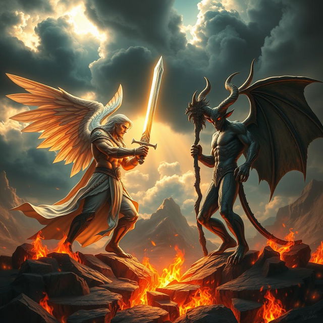 A dramatic showdown between a powerful god and a menacing devil in an epic fantasy landscape