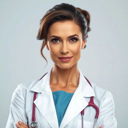 A gorgeous 50-year-old woman, dressed in a stylish doctor’s uniform, stands confidently facing the camera