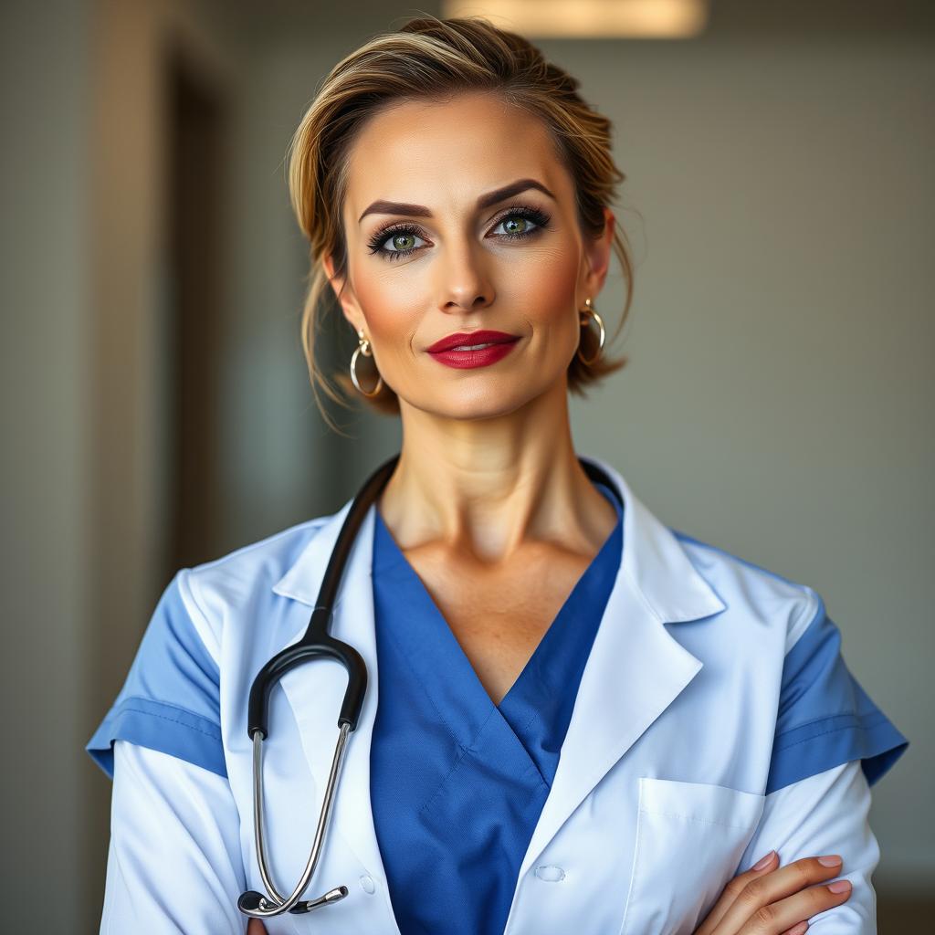 A gorgeous 50-year-old woman, dressed in a stylish doctor’s uniform, stands confidently facing the camera