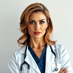 A gorgeous 50-year-old woman, dressed in a stylish doctor’s uniform, stands confidently facing the camera