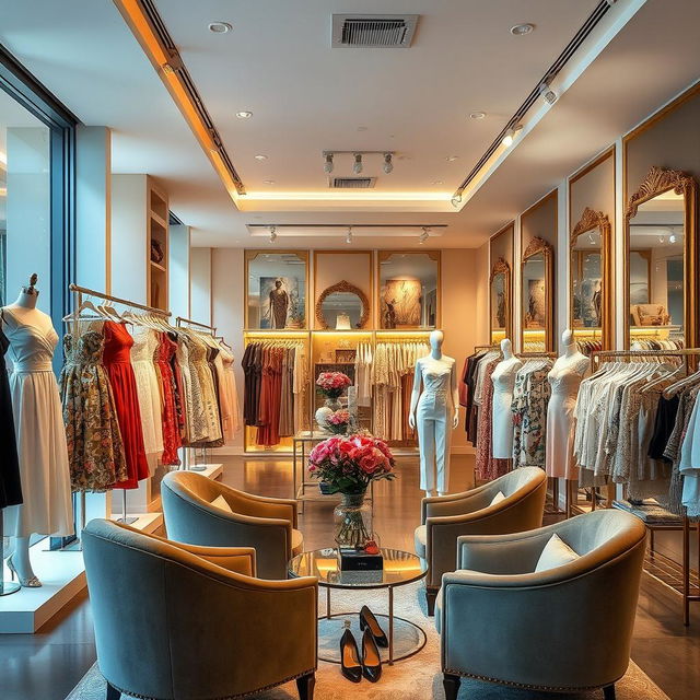 A stylish boutique interior showcasing a variety of elegant, fashionable clothing and accessories