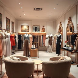 A stylish boutique interior showcasing a variety of elegant, fashionable clothing and accessories