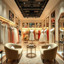 A stylish boutique interior showcasing a variety of elegant, fashionable clothing and accessories