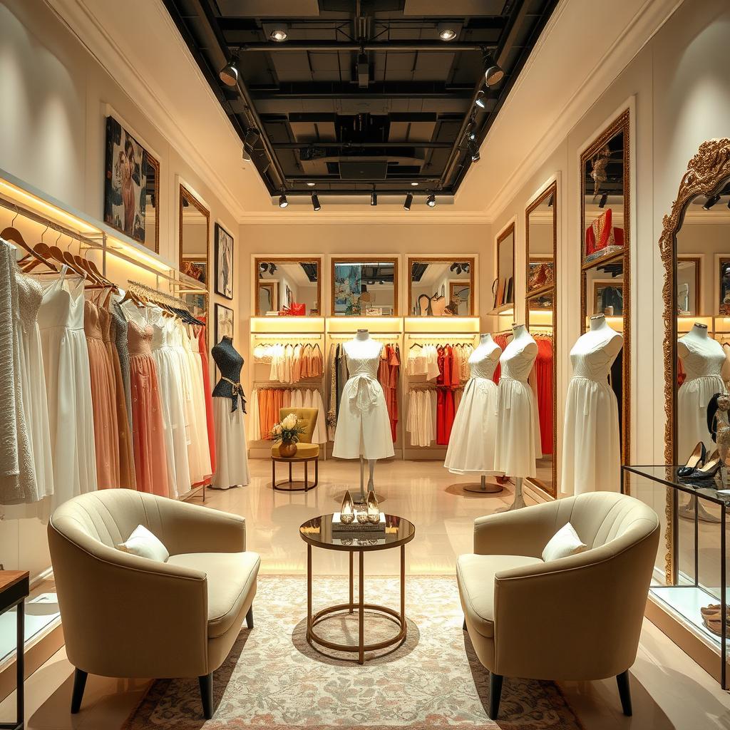 A stylish boutique interior showcasing a variety of elegant, fashionable clothing and accessories