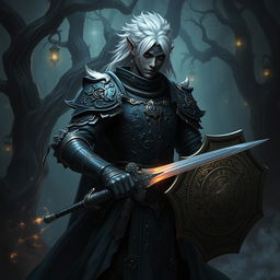A Shadar-kai paladin, a mysterious and graceful figure with dark skin and striking silver hair, clad in ornate black armor that reflects a subtle iridescent sheen