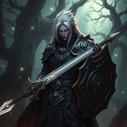 A Shadar-kai paladin, a mysterious and graceful figure with dark skin and striking silver hair, clad in ornate black armor that reflects a subtle iridescent sheen
