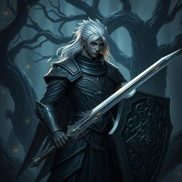 A Shadar-kai paladin, a mysterious and graceful figure with dark skin and striking silver hair, clad in ornate black armor that reflects a subtle iridescent sheen