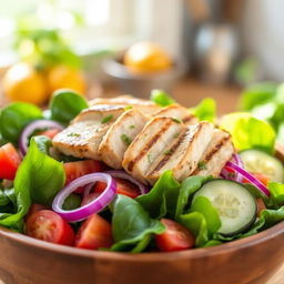 A vibrant and appetizing fresh grilled chicken salad, featuring a colorful mix of fresh spinach, sliced tomatoes, crunchy cucumbers, and purple onions