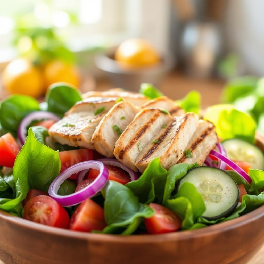 A vibrant and appetizing fresh grilled chicken salad, featuring a colorful mix of fresh spinach, sliced tomatoes, crunchy cucumbers, and purple onions