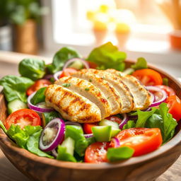 A vibrant and appetizing fresh grilled chicken salad, featuring a colorful mix of fresh spinach, sliced tomatoes, crunchy cucumbers, and purple onions