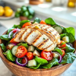 A vibrant and appetizing fresh grilled chicken salad, featuring a colorful mix of fresh spinach, sliced tomatoes, crunchy cucumbers, and purple onions