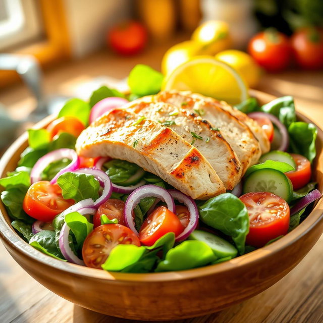 A vibrant and appetizing fresh grilled chicken salad, featuring a colorful mix of fresh spinach, sliced tomatoes, crunchy cucumbers, and purple onions