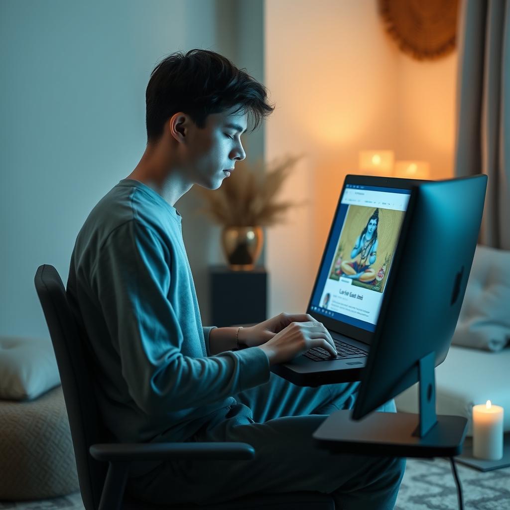 A young male sitting on a chair at a computer with a side angle view, deeply focused as he is typing a meditation mantra of Lord Shiva into a webpage