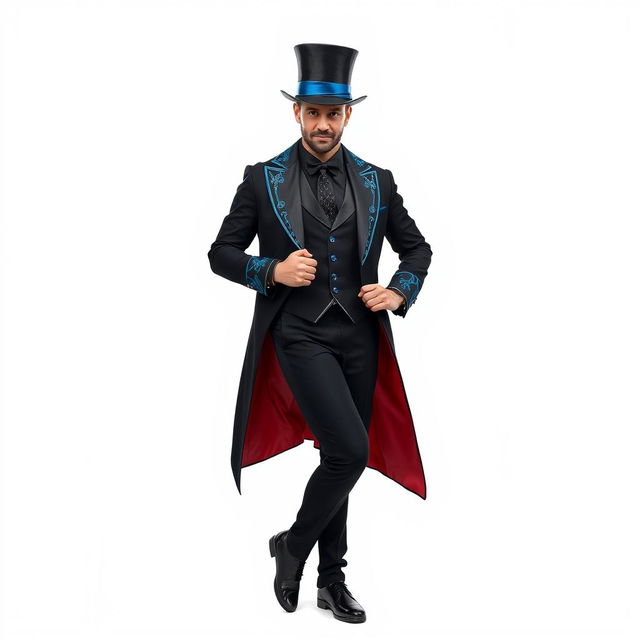 A full body image of a male human entertainment magician, dressed in stylish black clothes embellished with blue and red details