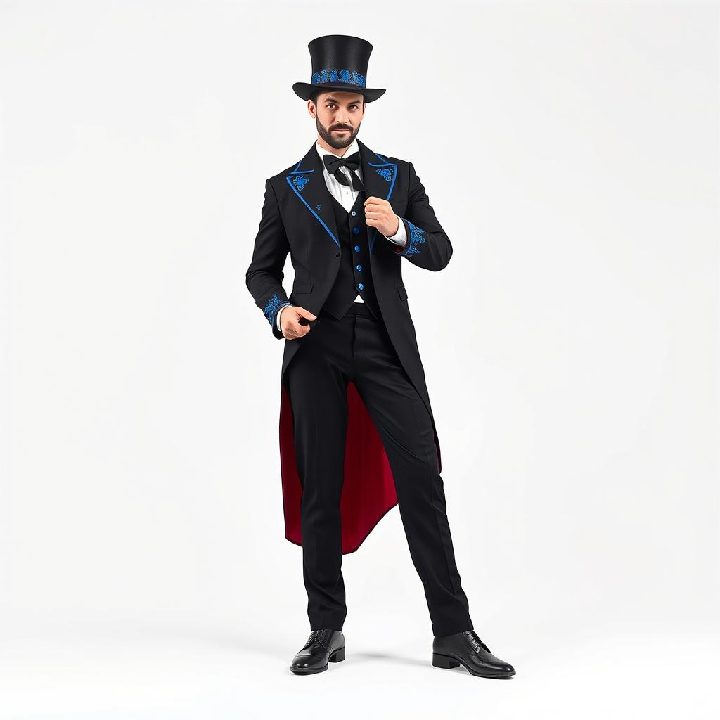 A full body image of a male human entertainment magician, dressed in stylish black clothes embellished with blue and red details