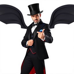 A full body image of a male human entertainment magician, dressed in stylish black clothes embellished with blue and red details