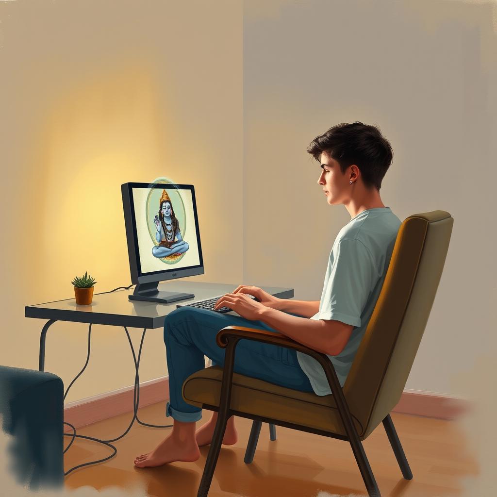 A young male casually sitting on a chair, viewed from a side angle, as he types a meditation mantra of Lord Shiva on a computer