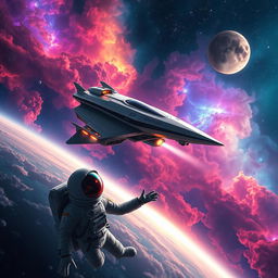 A stunning space exploration scene featuring a futuristic spaceship soaring through a dazzling nebula filled with vibrant colors, swirling clouds, and distant stars