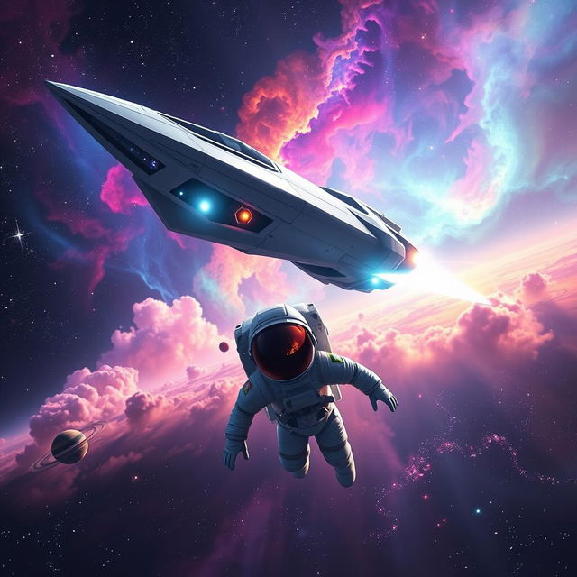 A stunning space exploration scene featuring a futuristic spaceship soaring through a dazzling nebula filled with vibrant colors, swirling clouds, and distant stars