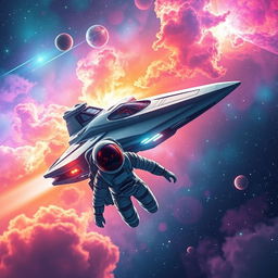 A stunning space exploration scene featuring a futuristic spaceship soaring through a dazzling nebula filled with vibrant colors, swirling clouds, and distant stars