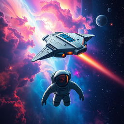 A stunning space exploration scene featuring a futuristic spaceship soaring through a dazzling nebula filled with vibrant colors, swirling clouds, and distant stars