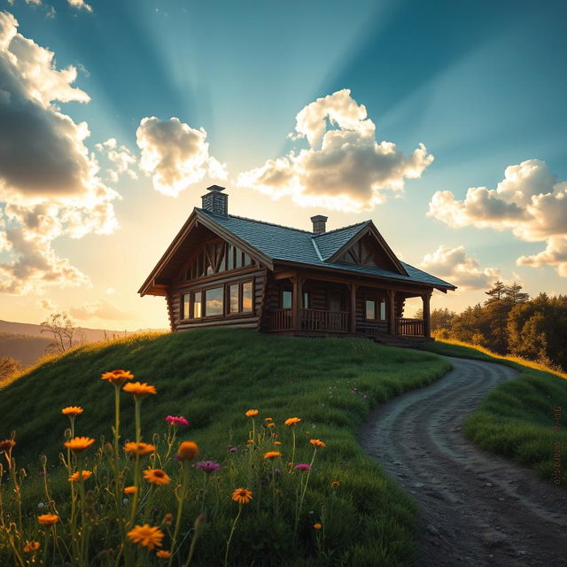 A hyperboloid rural cabin sitting atop a hill, surrounded by lush greenery