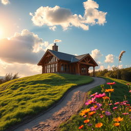 A hyperboloid rural cabin sitting atop a hill, surrounded by lush greenery