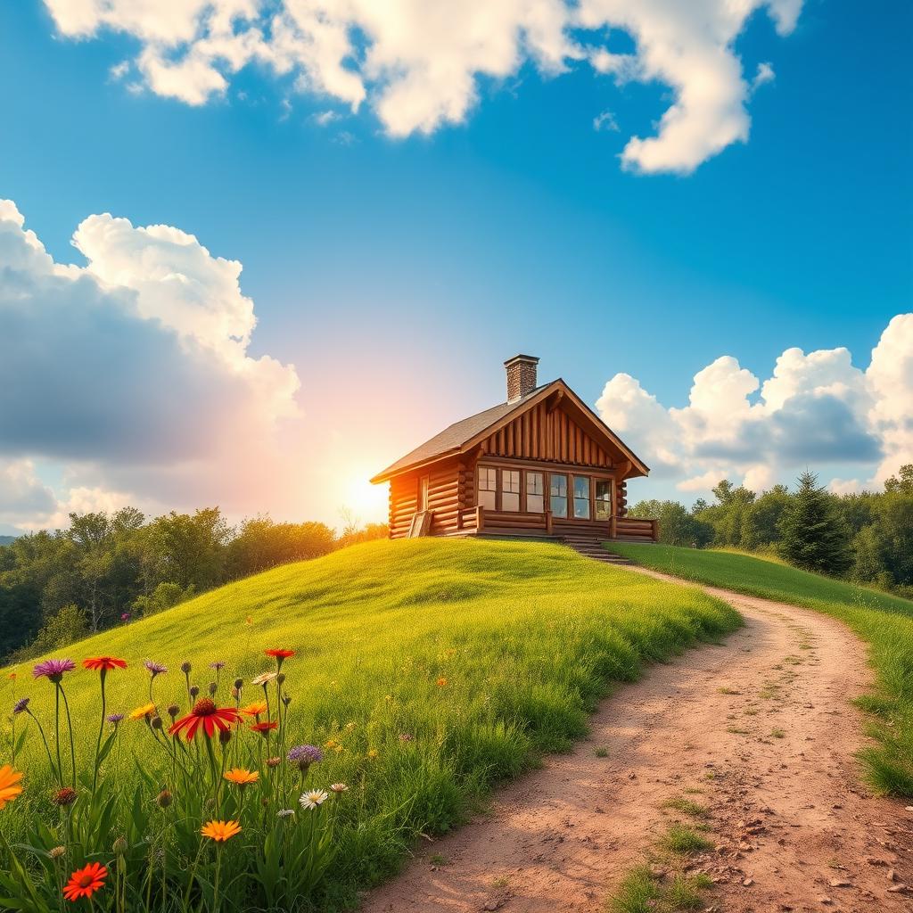 A hyperboloid rural cabin sitting atop a hill, surrounded by lush greenery