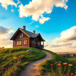 A hyperboloid rural cabin sitting atop a hill, surrounded by lush greenery