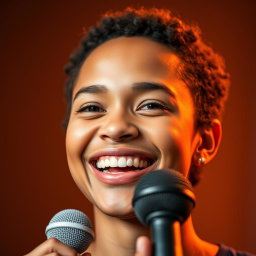 A close-up portrait of a person smiling and holding a microphone