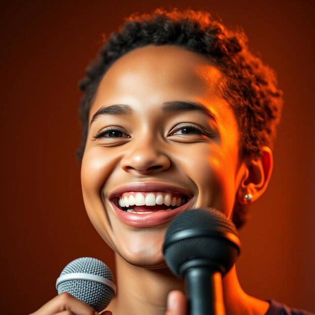 A close-up portrait of a person smiling and holding a microphone