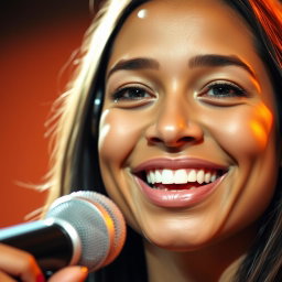 A close-up portrait of a person smiling and holding a microphone