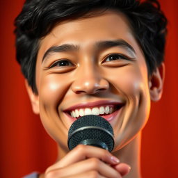 A close-up portrait of a person smiling and holding a microphone