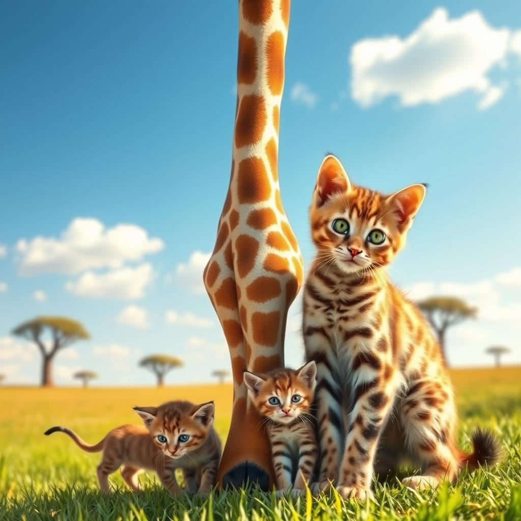 A heartwarming scene featuring a mother giraffe and a mother cat with their adorable kittens in a vibrant, sunny savannah background