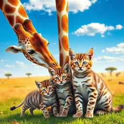 A heartwarming scene featuring a mother giraffe and a mother cat with their adorable kittens in a vibrant, sunny savannah background