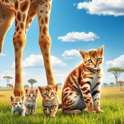 A heartwarming scene featuring a mother giraffe and a mother cat with their adorable kittens in a vibrant, sunny savannah background