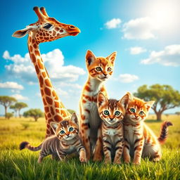 A heartwarming scene featuring a mother giraffe and a mother cat with their adorable kittens in a vibrant, sunny savannah background