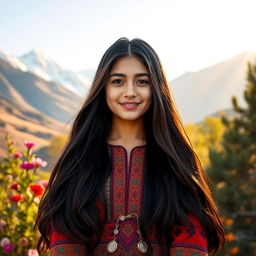 A beautiful Afghan girl with long, flowing dark hair, dressed in a colorful traditional Afghan dress adorned with intricate patterns