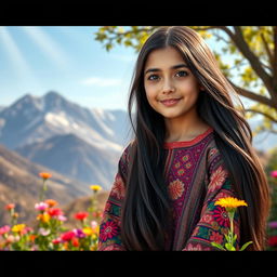 A beautiful Afghan girl with long, flowing dark hair, dressed in a colorful traditional Afghan dress adorned with intricate patterns