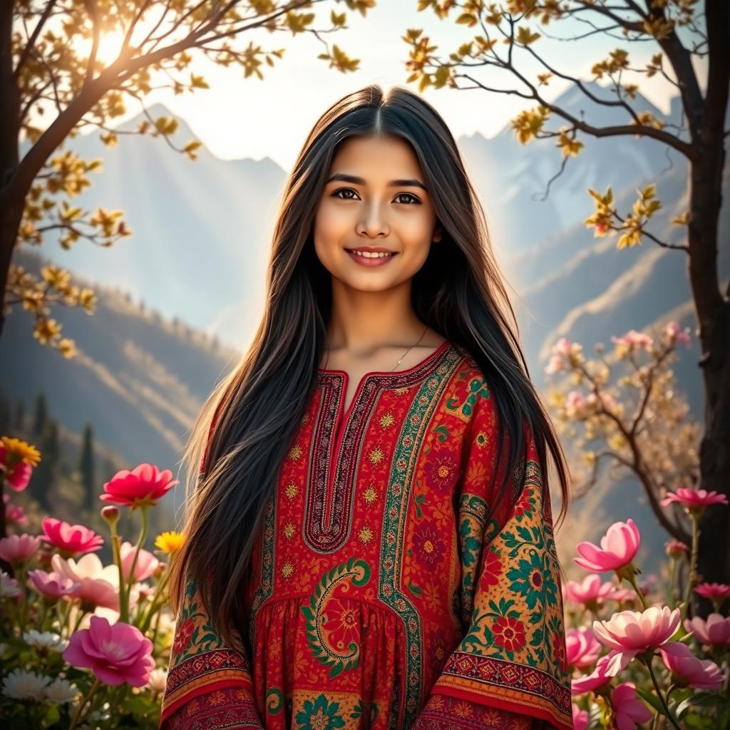 A beautiful Afghan girl with long, flowing dark hair, dressed in a colorful traditional Afghan dress adorned with intricate patterns