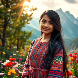 A beautiful Afghan girl with long, flowing dark hair, dressed in a colorful traditional Afghan dress adorned with intricate patterns