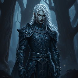 A Shadar-kai paladin, a mysterious and elegant figure with dark skin and striking silver hair, adorned in ornate black armor that glistens subtly with an iridescent sheen