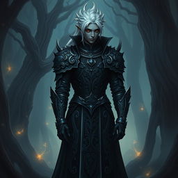A Shadar-kai paladin, a mysterious and elegant figure with dark skin and striking silver hair, adorned in ornate black armor that glistens subtly with an iridescent sheen