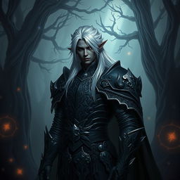 A Shadar-kai paladin, a mysterious and elegant figure with dark skin and striking silver hair, adorned in ornate black armor that glistens subtly with an iridescent sheen