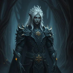 A Shadar-kai paladin, a mysterious and elegant figure with dark skin and striking silver hair, adorned in ornate black armor that glistens subtly with an iridescent sheen