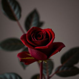 A single, deep crimson rose in a close-up, slightly low-angle shot, in full bloom yet with a soft, closed bud-like quality