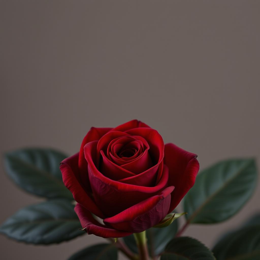 A single, deep crimson rose in a close-up, slightly low-angle shot, in full bloom yet with a soft, closed bud-like quality